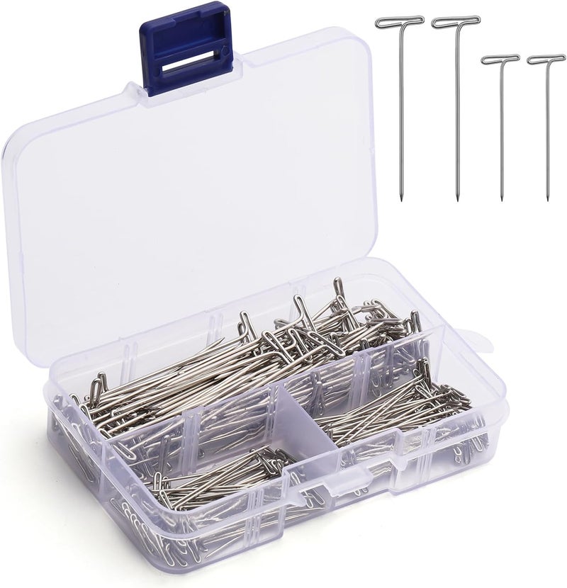 QMNNMA T Pins, 200 PCs T Shape Sewing Pins for Wigs and Crafts, Stainless Steel Push Pin Kit with Clear Box for Foam Head, Sewing, Crocheting and Modelling, 100 x 1.5 Inch and 100 x 2 Inch - Image 1